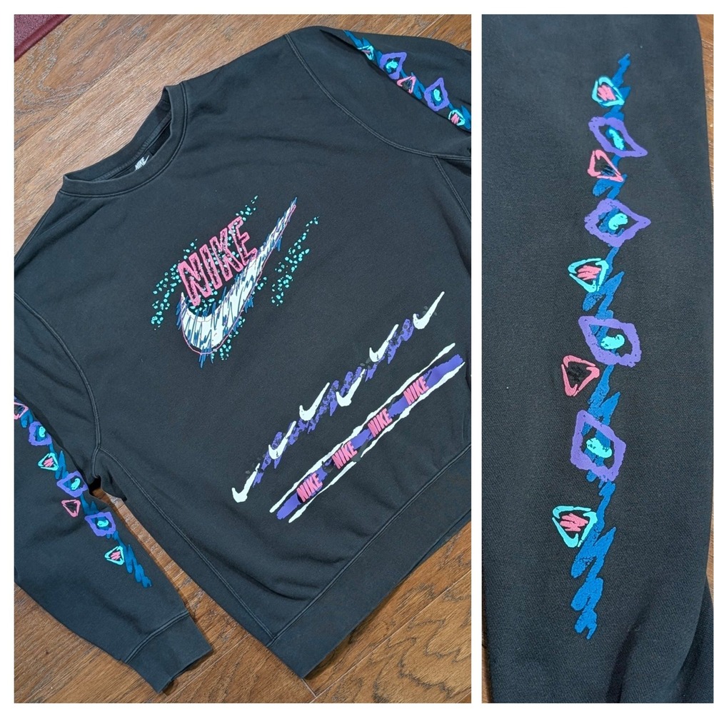 Nike Stories Retro‎ Graphic Acid Wash Crew Neck Sweatshirt XXL 28.5x29 Black